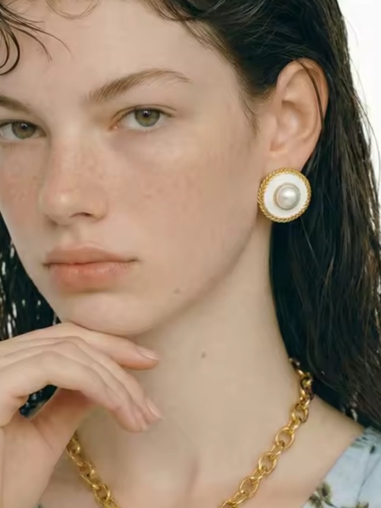 Anthropologie Jewelry - White Pearl Gold Button Earrings